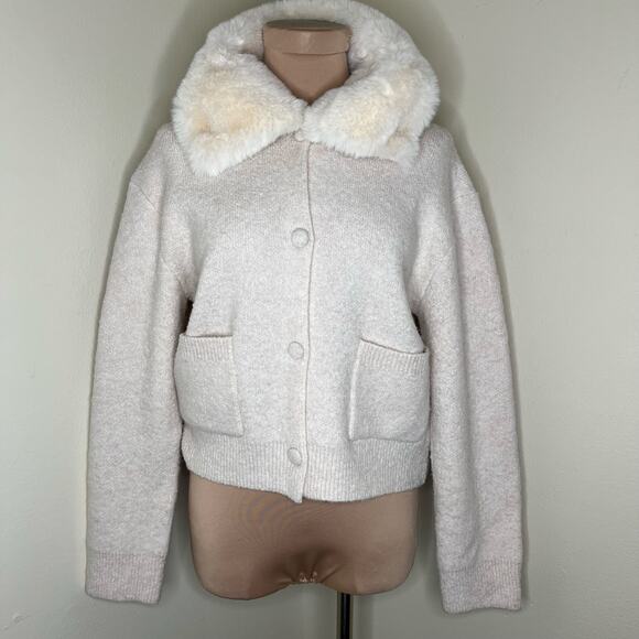 Chelsea & Theodore Jacket Large Womens Cream Faux Fur Collar Knit Wool Alpaca - Picture 1 of 9